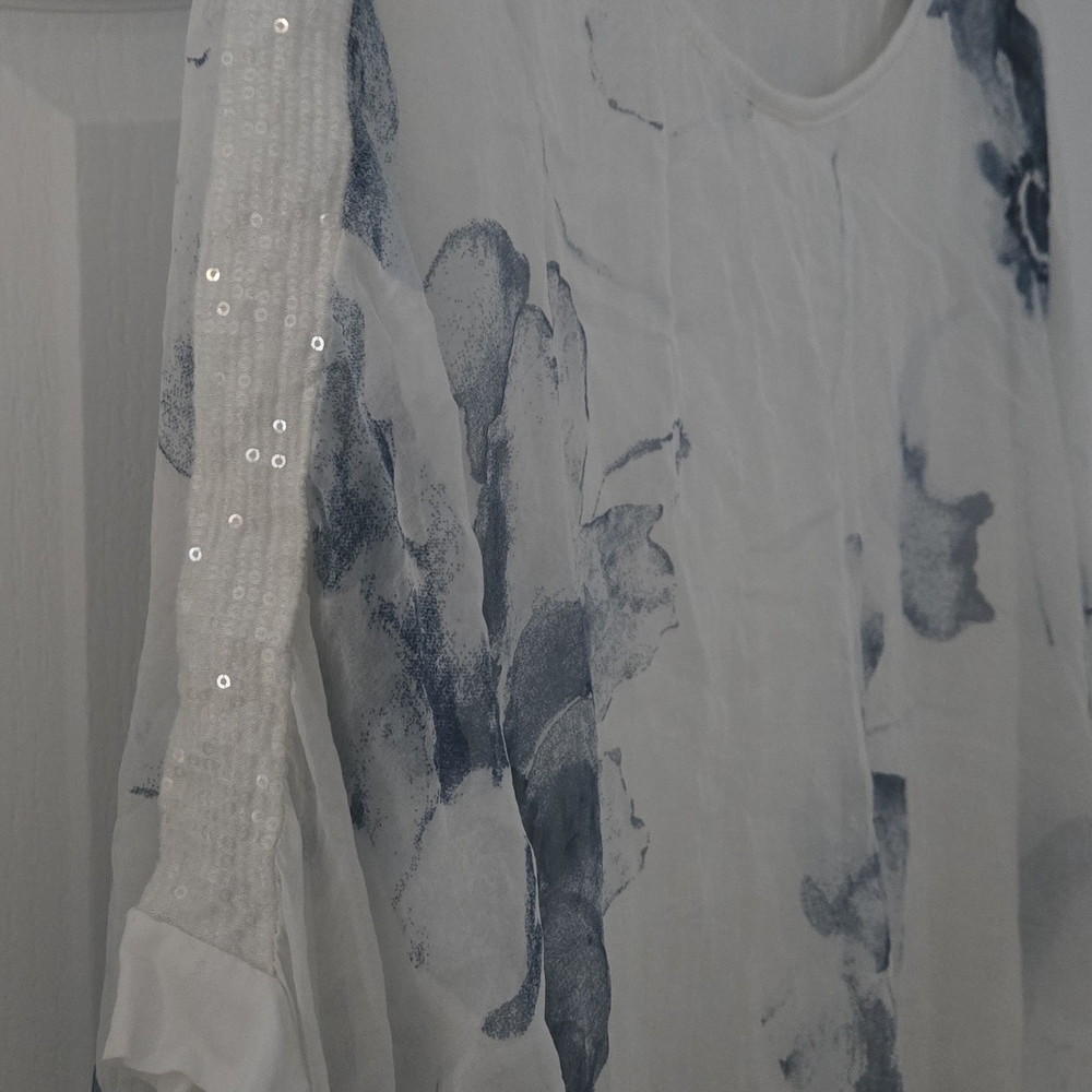 Sheer White Blouse with Blue Floral Print and Sequin Sleeve